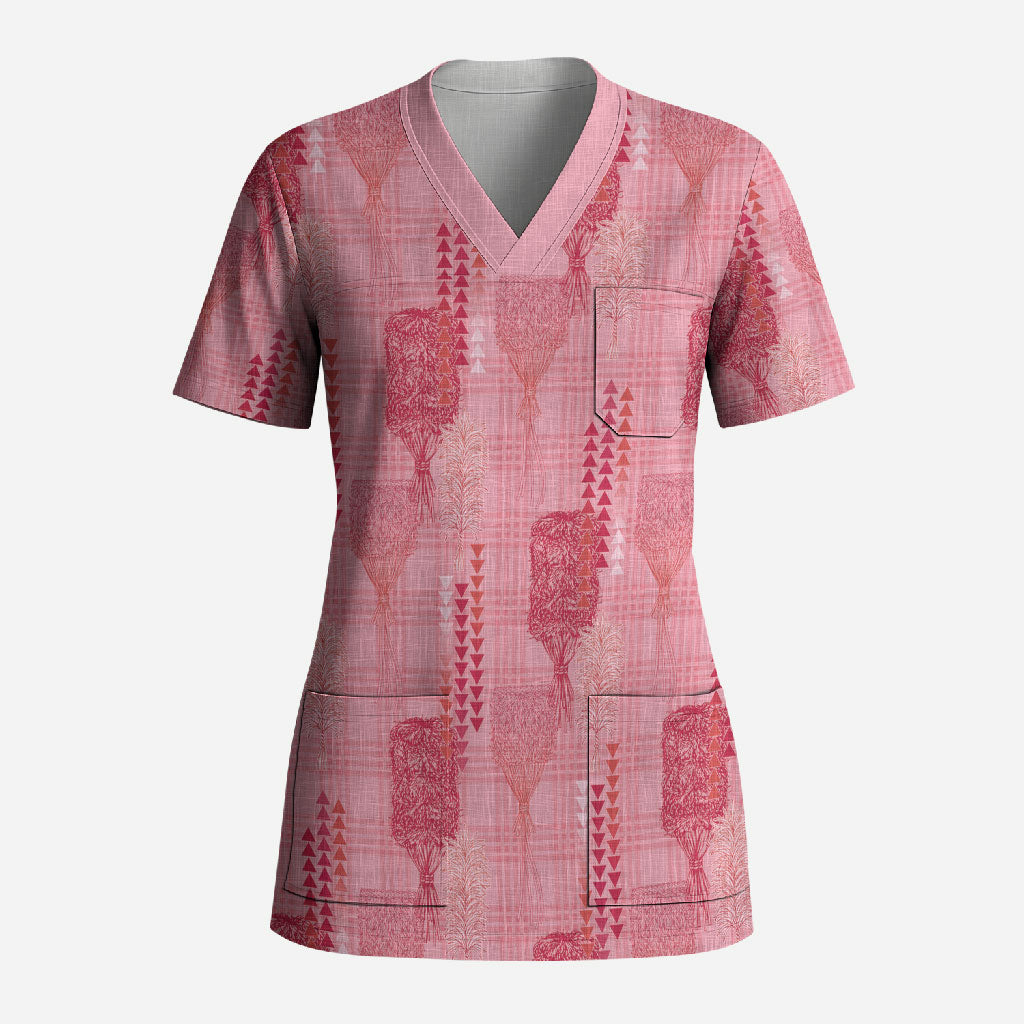 Aloha Hawaii Vintage Kahili Pa'a Lima Scrub Top Palaka Print Berry Pink LT7 Adult Pink - Polynesian Pride
