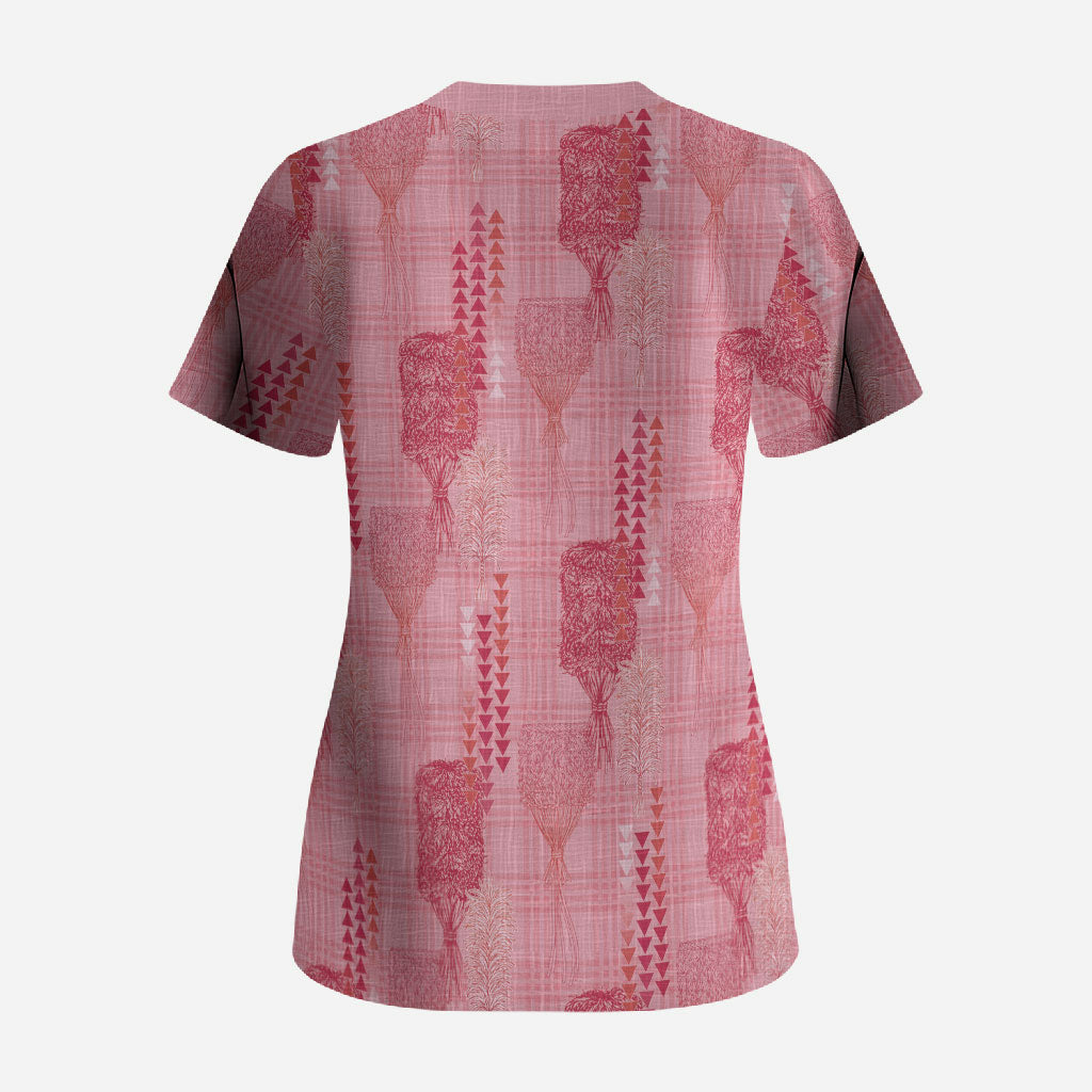 Aloha Hawaii Vintage Kahili Pa'a Lima Scrub Top Palaka Print Berry Pink