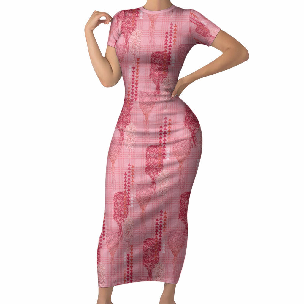 Aloha Hawaii Vintage Kahili Pa'a Lima Short Sleeve Bodycon Dress Palaka Print Berry Pink