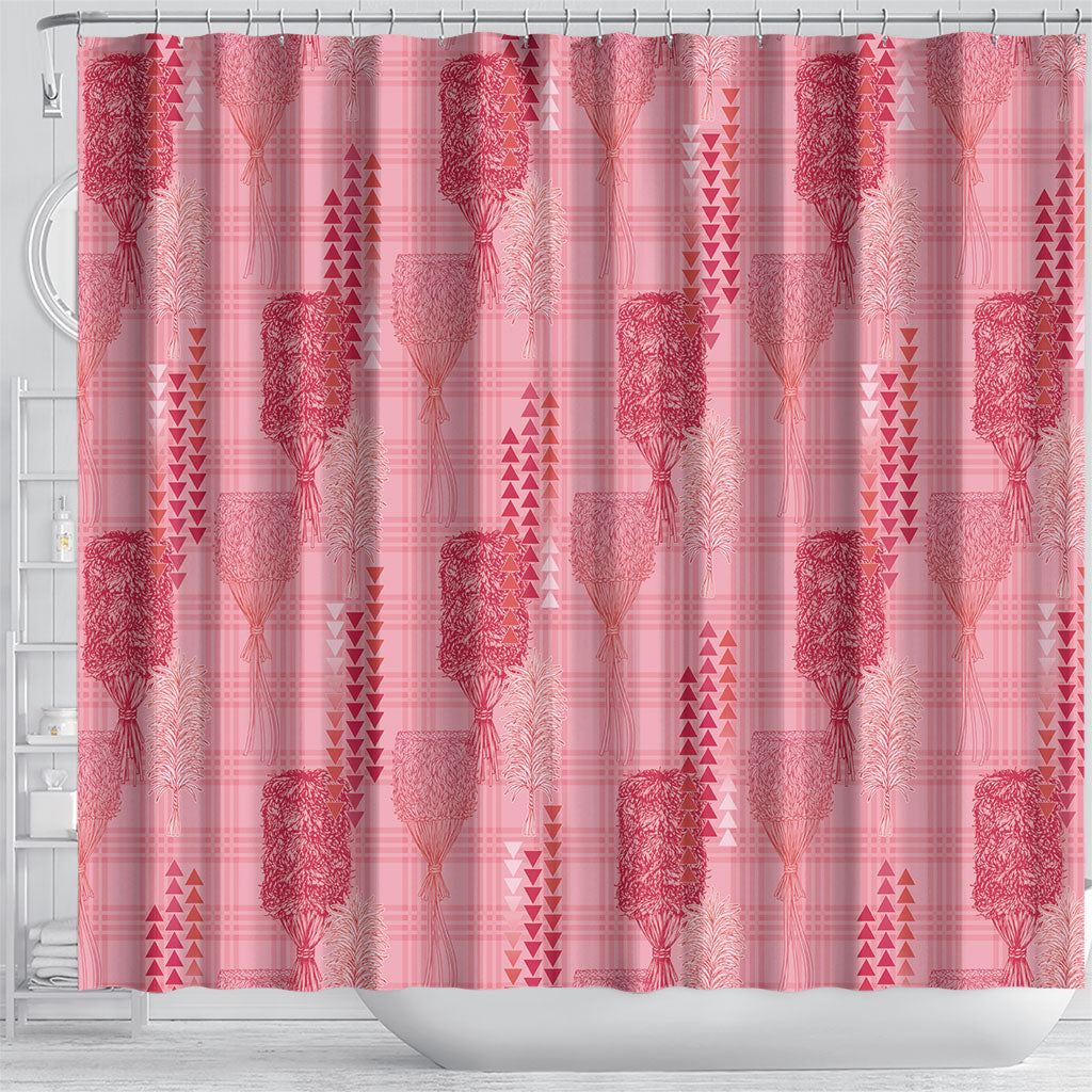 Aloha Hawaii Vintage Kahili Pa'a Lima Shower Curtain Palaka Print Berry Pink