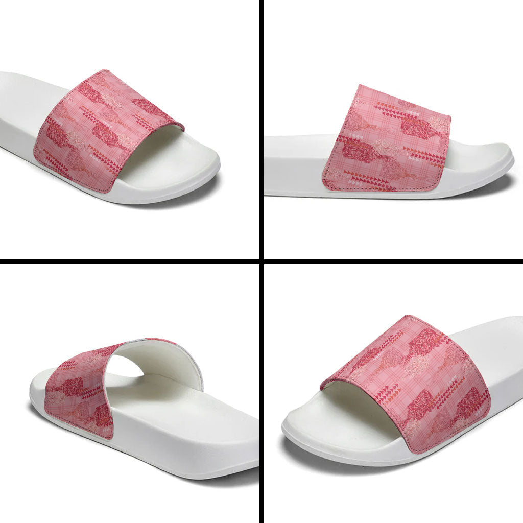 Aloha Hawaii Vintage Kahili Pa'a Lima Slide Sandals Palaka Print Berry Pink