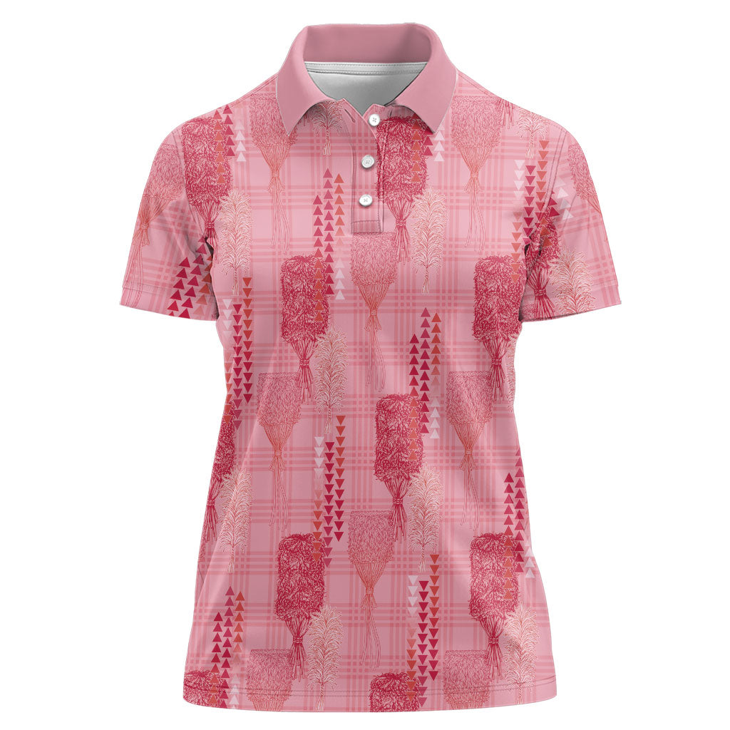 Aloha Hawaii Vintage Kahili Pa'a Lima Women Polo Shirt Palaka Print Berry Pink