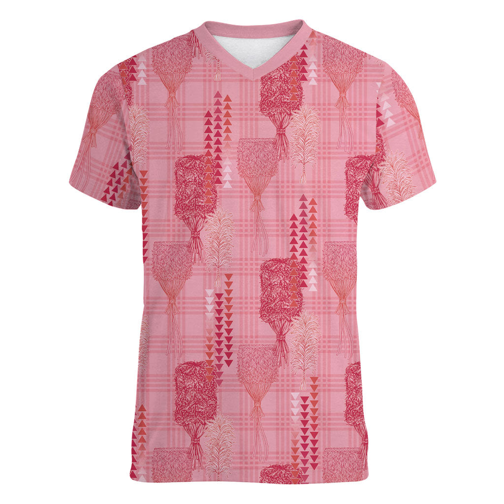 Aloha Hawaii Vintage Kahili Pa'a Lima Women V-Neck T-Shirt Palaka Print Berry Pink LT7 Female Pink - Polynesian Pride