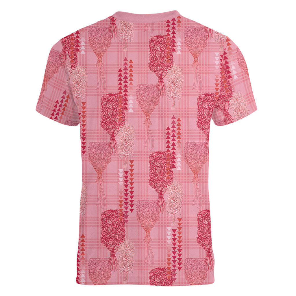 Aloha Hawaii Vintage Kahili Pa'a Lima Women V-Neck T-Shirt Palaka Print Berry Pink