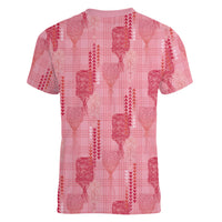 Aloha Hawaii Vintage Kahili Pa'a Lima Women V-Neck T-Shirt Palaka Print Berry Pink
