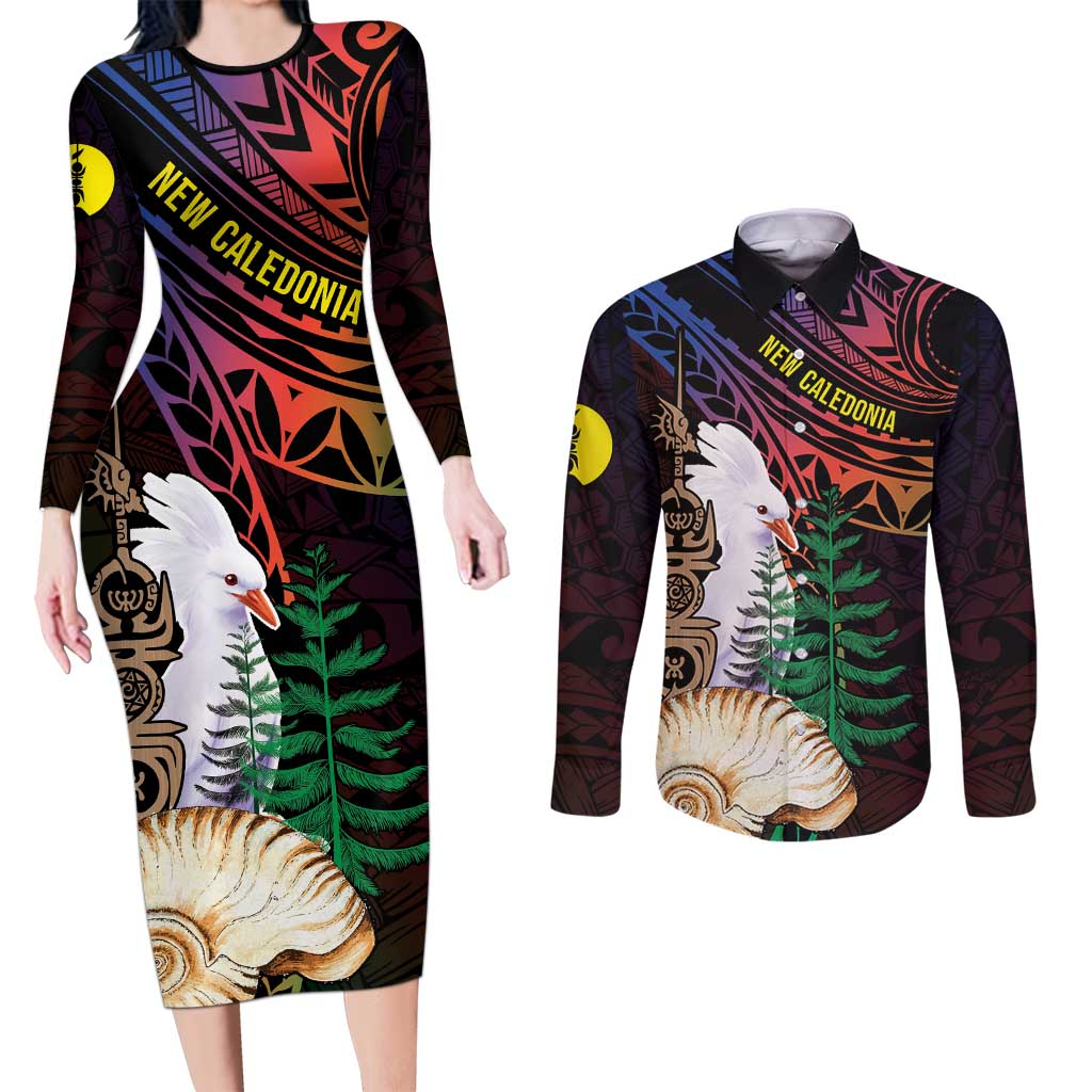 New Caledonia Kanaky Personalized Couples Matching Long Sleeve Bodycon Dress and Long Sleeve Button Shirt Kagu Bird Emblem - Polynesian Pride