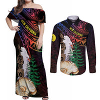 New Caledonia Kanaky Personalized Couples Matching Off Shoulder Maxi Dress and Long Sleeve Button Shirt Kagu Bird Emblem - Polynesian Pride