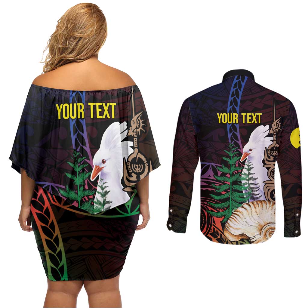 New Caledonia Kanaky Personalized Couples Matching Off Shoulder Short Dress and Long Sleeve Button Shirt Kagu Bird Emblem - Polynesian Pride