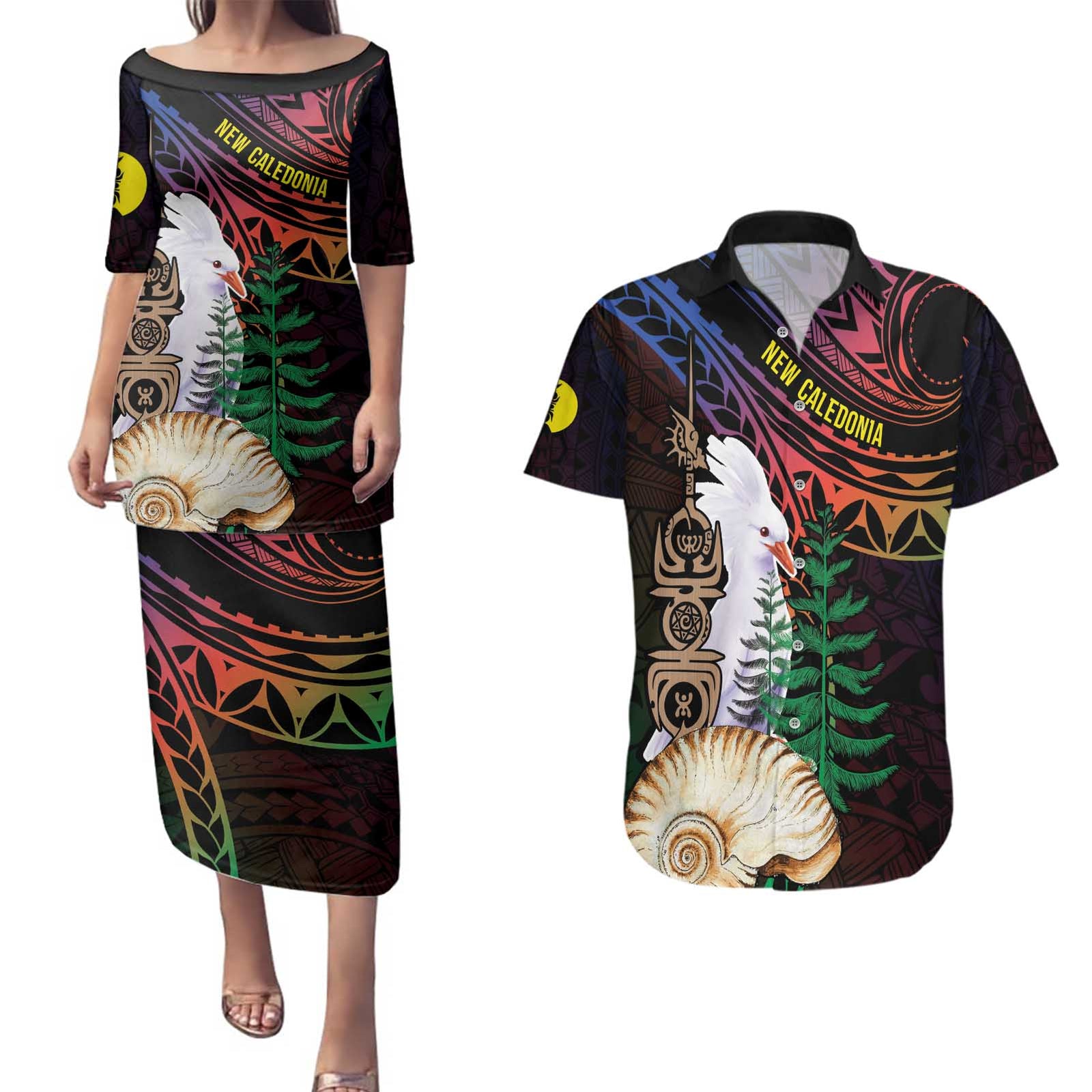 New Caledonia Kanaky Personalized Couples Matching Puletasi and Hawaiian Shirt Kagu Bird Emblem LT7 Black - Polynesian Pride