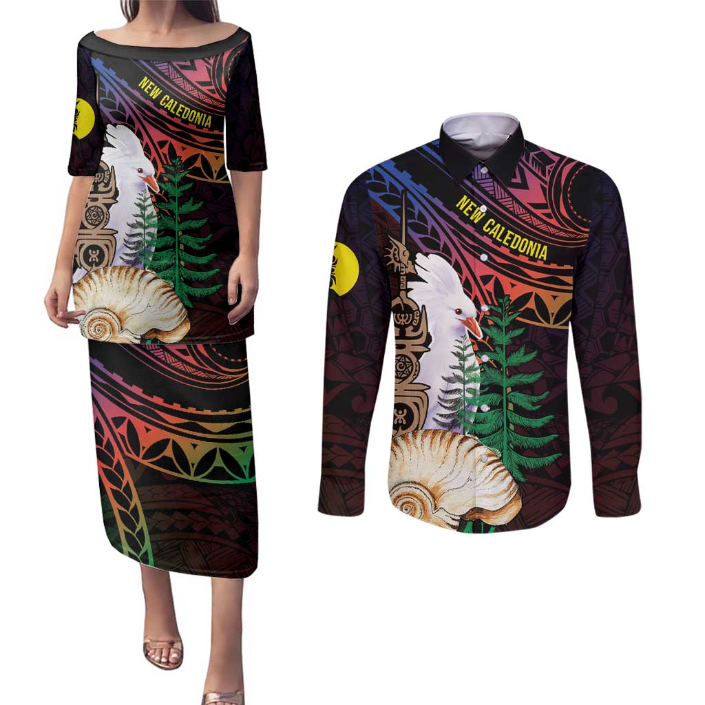 New Caledonia Kanaky Personalized Couples Matching Puletasi and Long Sleeve Button Shirt Kagu Bird Emblem LT7 Black - Polynesian Pride