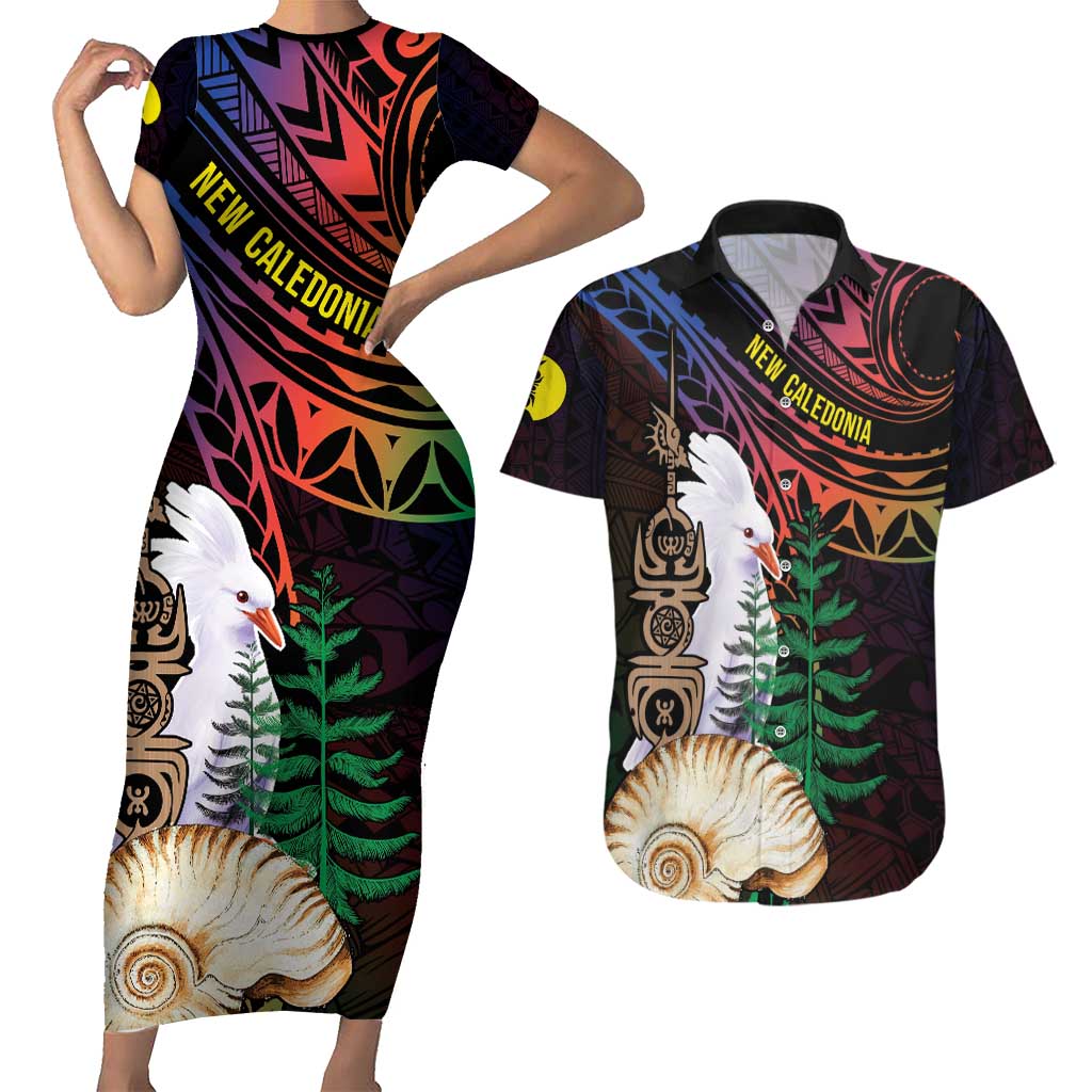New Caledonia Kanaky Personalized Couples Matching Short Sleeve Bodycon Dress and Hawaiian Shirt Kagu Bird Emblem - Polynesian Pride