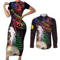 New Caledonia Kanaky Personalized Couples Matching Short Sleeve Bodycon Dress and Long Sleeve Button Shirt Kagu Bird Emblem - Polynesian Pride
