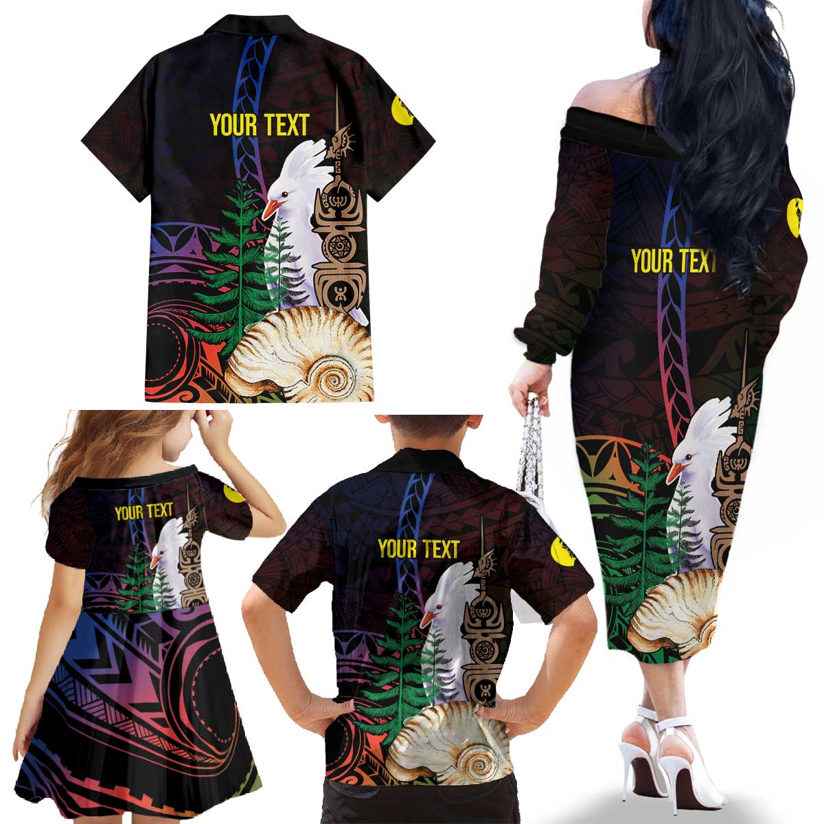 New Caledonia Kanaky Personalized Family Matching Off The Shoulder Long Sleeve Dress and Hawaiian Shirt Kagu Bird Emblem - Polynesian Pride