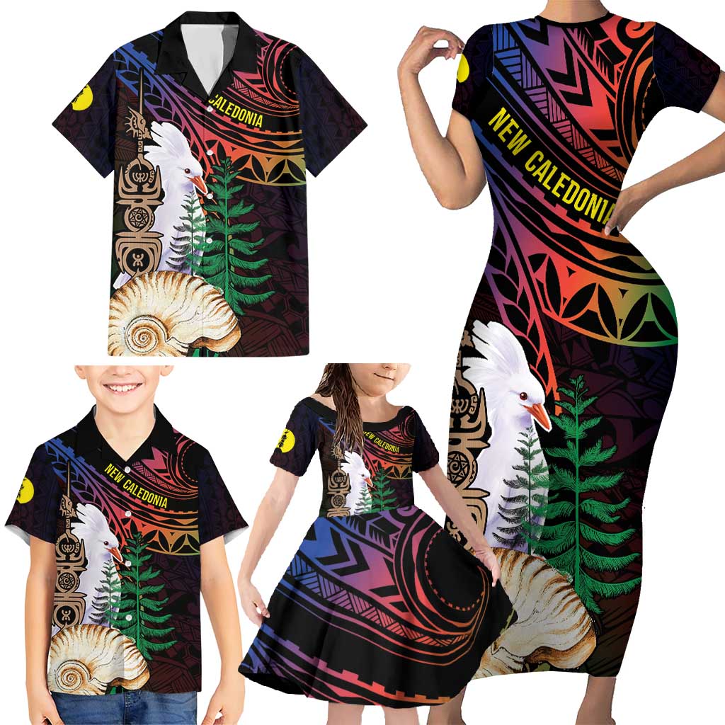 New Caledonia Kanaky Personalized Family Matching Short Sleeve Bodycon Dress and Hawaiian Shirt Kagu Bird Emblem - Polynesian Pride