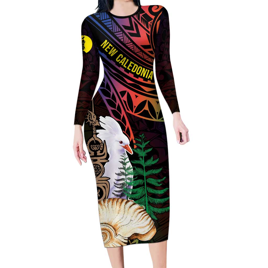 New Caledonia Kanaky Personalized Long Sleeve Bodycon Dress Kagu Bird Emblem - Polynesian Pride