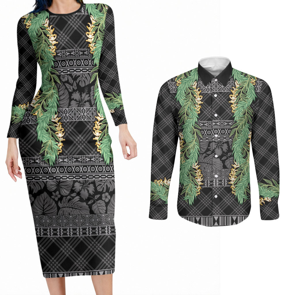 Hawai'i Paniolo Maile Twisted Lei Couples Matching Long Sleeve Bodycon Dress and Long Sleeve Button Shirt Obsidian Black LT7 Black - Polynesian Pride