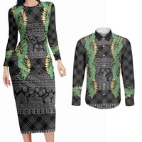 Hawai'i Paniolo Maile Twisted Lei Couples Matching Long Sleeve Bodycon Dress and Long Sleeve Button Shirt Obsidian Black