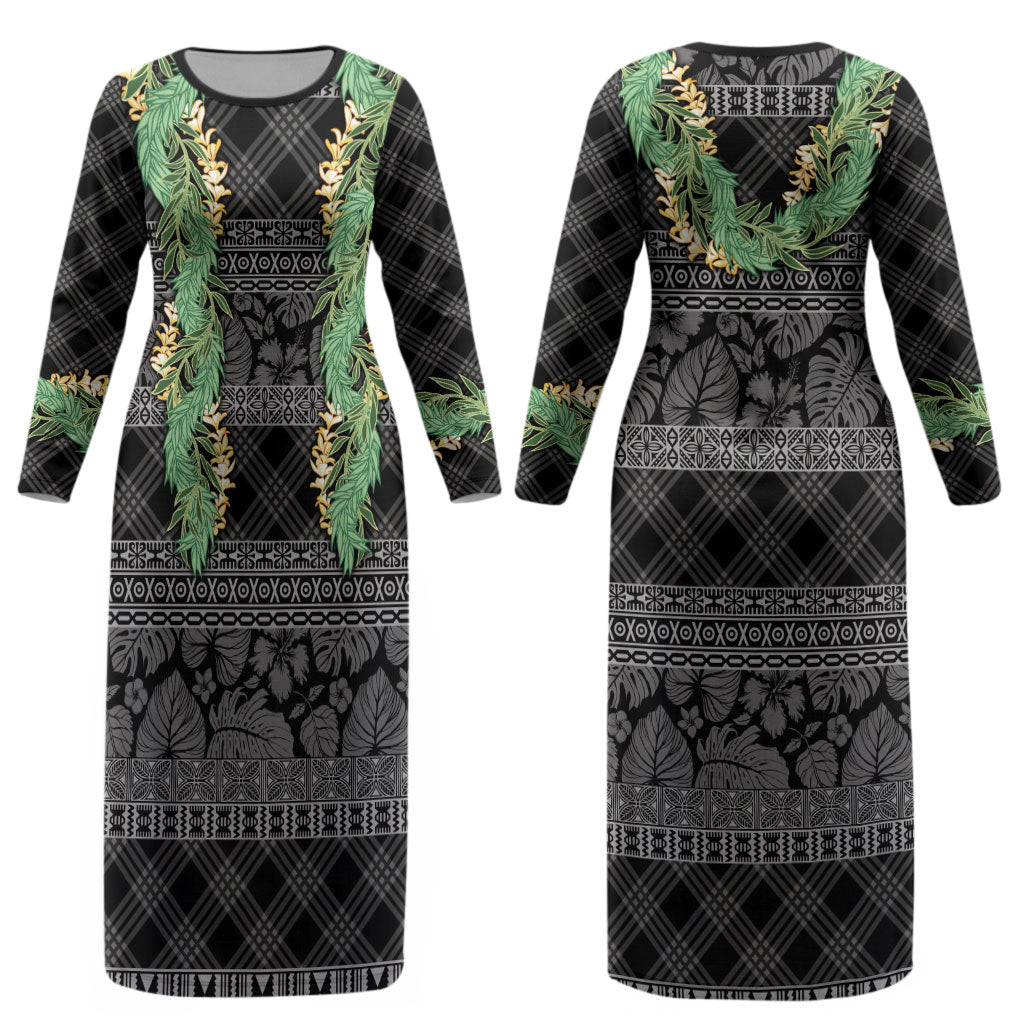 Hawai'i Paniolo Maile Twisted Lei Couples Matching Long Sleeve Bodycon Dress and Long Sleeve Button Shirt Obsidian Black