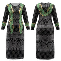 Hawai'i Paniolo Maile Twisted Lei Couples Matching Long Sleeve Bodycon Dress and Long Sleeve Button Shirt Obsidian Black