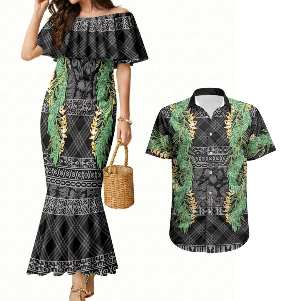 Hawai'i Paniolo Maile Twisted Lei Couples Matching Mermaid Dress and Hawaiian Shirt Obsidian Black
