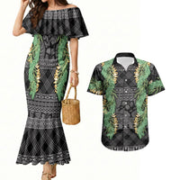 Hawai'i Paniolo Maile Twisted Lei Couples Matching Mermaid Dress and Hawaiian Shirt Obsidian Black