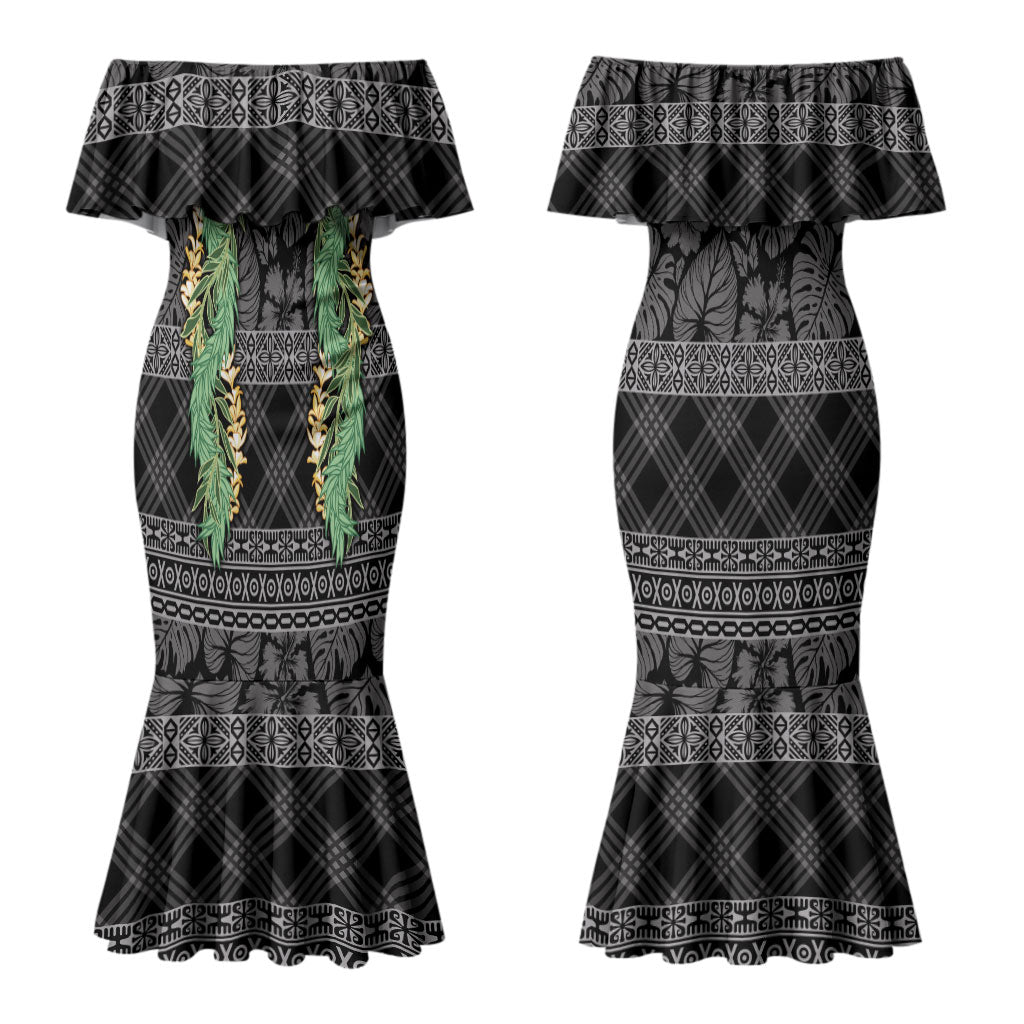 Hawai'i Paniolo Maile Twisted Lei Couples Matching Mermaid Dress and Hawaiian Shirt Obsidian Black