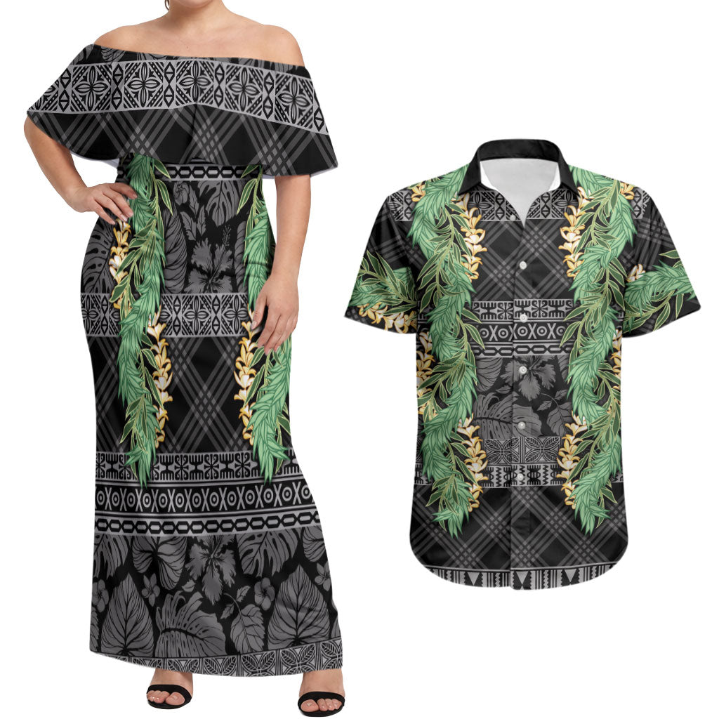 Hawai'i Paniolo Maile Twisted Lei Couples Matching Off Shoulder Maxi Dress and Hawaiian Shirt Obsidian Black