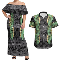 Hawai'i Paniolo Maile Twisted Lei Couples Matching Off Shoulder Maxi Dress and Hawaiian Shirt Obsidian Black