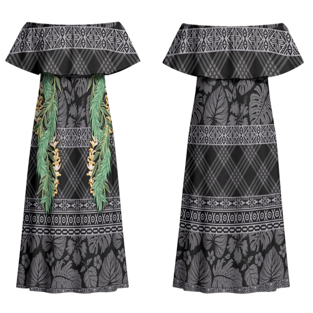Hawai'i Paniolo Maile Twisted Lei Couples Matching Off Shoulder Maxi Dress and Hawaiian Shirt Obsidian Black