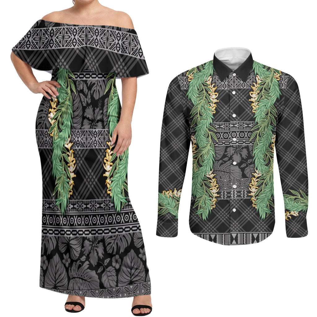 Hawai'i Paniolo Maile Twisted Lei Couples Matching Off Shoulder Maxi Dress and Long Sleeve Button Shirt Obsidian Black