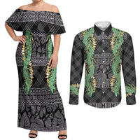 Hawai'i Paniolo Maile Twisted Lei Couples Matching Off Shoulder Maxi Dress and Long Sleeve Button Shirt Obsidian Black