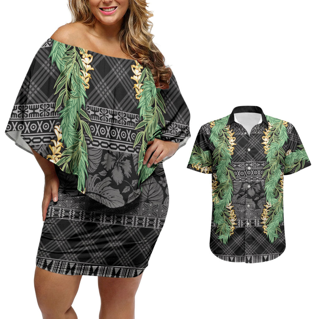 Hawai'i Paniolo Maile Twisted Lei Couples Matching Off Shoulder Short Dress and Hawaiian Shirt Obsidian Black