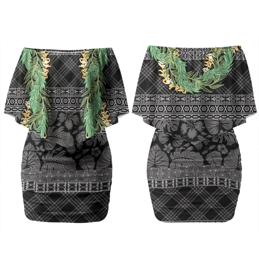Hawai'i Paniolo Maile Twisted Lei Couples Matching Off Shoulder Short Dress and Hawaiian Shirt Obsidian Black