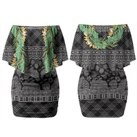 Hawai'i Paniolo Maile Twisted Lei Couples Matching Off Shoulder Short Dress and Hawaiian Shirt Obsidian Black