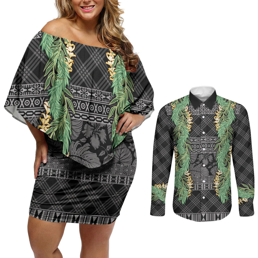 Hawai'i Paniolo Maile Twisted Lei Couples Matching Off Shoulder Short Dress and Long Sleeve Button Shirt Obsidian Black LT7 Black - Polynesian Pride
