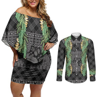 Hawai'i Paniolo Maile Twisted Lei Couples Matching Off Shoulder Short Dress and Long Sleeve Button Shirt Obsidian Black