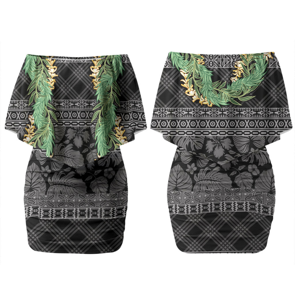 Hawai'i Paniolo Maile Twisted Lei Couples Matching Off Shoulder Short Dress and Long Sleeve Button Shirt Obsidian Black