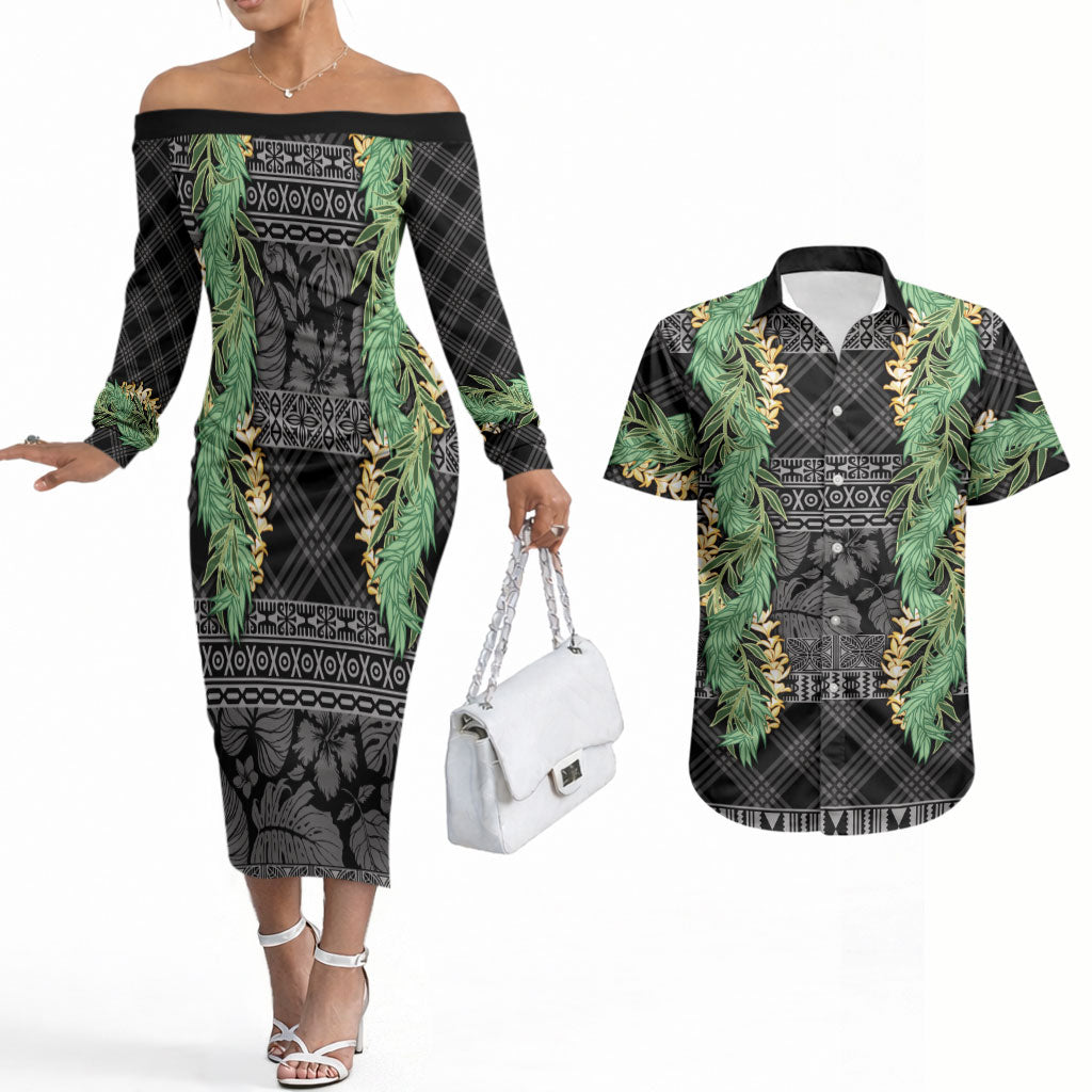 Hawai'i Paniolo Maile Twisted Lei Couples Matching Off The Shoulder Long Sleeve Dress and Hawaiian Shirt Obsidian Black