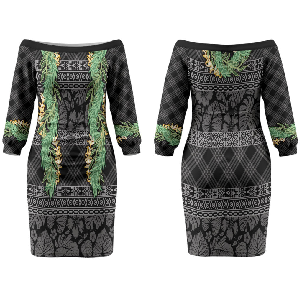 Hawai'i Paniolo Maile Twisted Lei Couples Matching Off The Shoulder Long Sleeve Dress and Hawaiian Shirt Obsidian Black