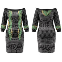 Hawai'i Paniolo Maile Twisted Lei Couples Matching Off The Shoulder Long Sleeve Dress and Hawaiian Shirt Obsidian Black