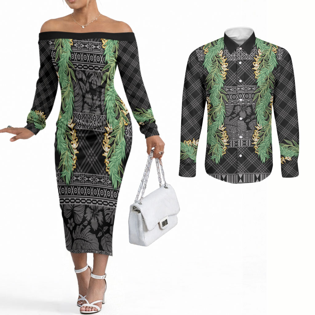 Hawai'i Paniolo Maile Twisted Lei Couples Matching Off The Shoulder Long Sleeve Dress and Long Sleeve Button Shirt Obsidian Black