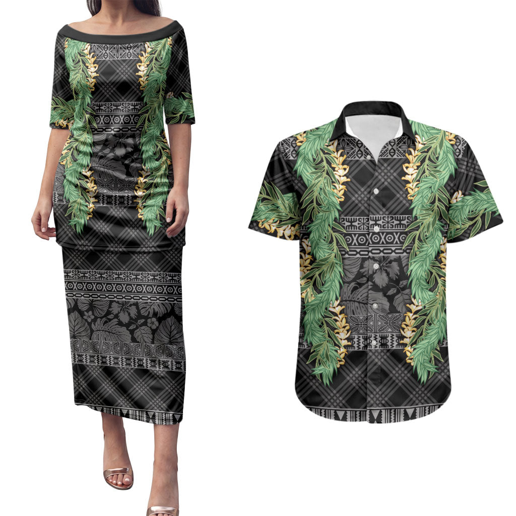 Hawai'i Paniolo Maile Twisted Lei Couples Matching Puletasi and Hawaiian Shirt Obsidian Black