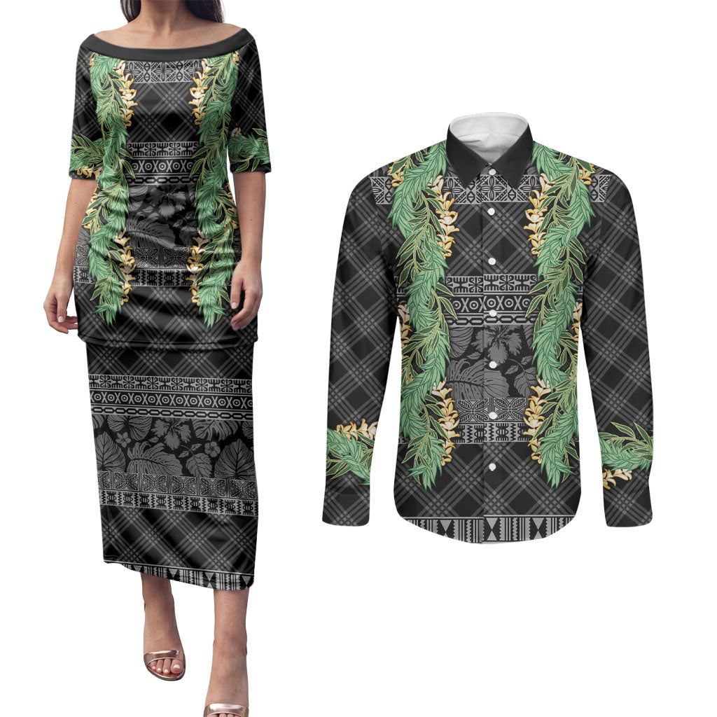 Hawai'i Paniolo Maile Twisted Lei Couples Matching Puletasi and Long Sleeve Button Shirt Obsidian Black