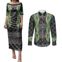 Hawai'i Paniolo Maile Twisted Lei Couples Matching Puletasi and Long Sleeve Button Shirt Obsidian Black
