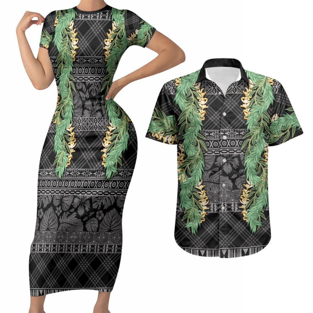 Hawai'i Paniolo Maile Twisted Lei Couples Matching Short Sleeve Bodycon Dress and Hawaiian Shirt Obsidian Black