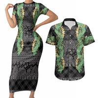 Hawai'i Paniolo Maile Twisted Lei Couples Matching Short Sleeve Bodycon Dress and Hawaiian Shirt Obsidian Black