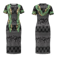 Hawai'i Paniolo Maile Twisted Lei Couples Matching Short Sleeve Bodycon Dress and Hawaiian Shirt Obsidian Black