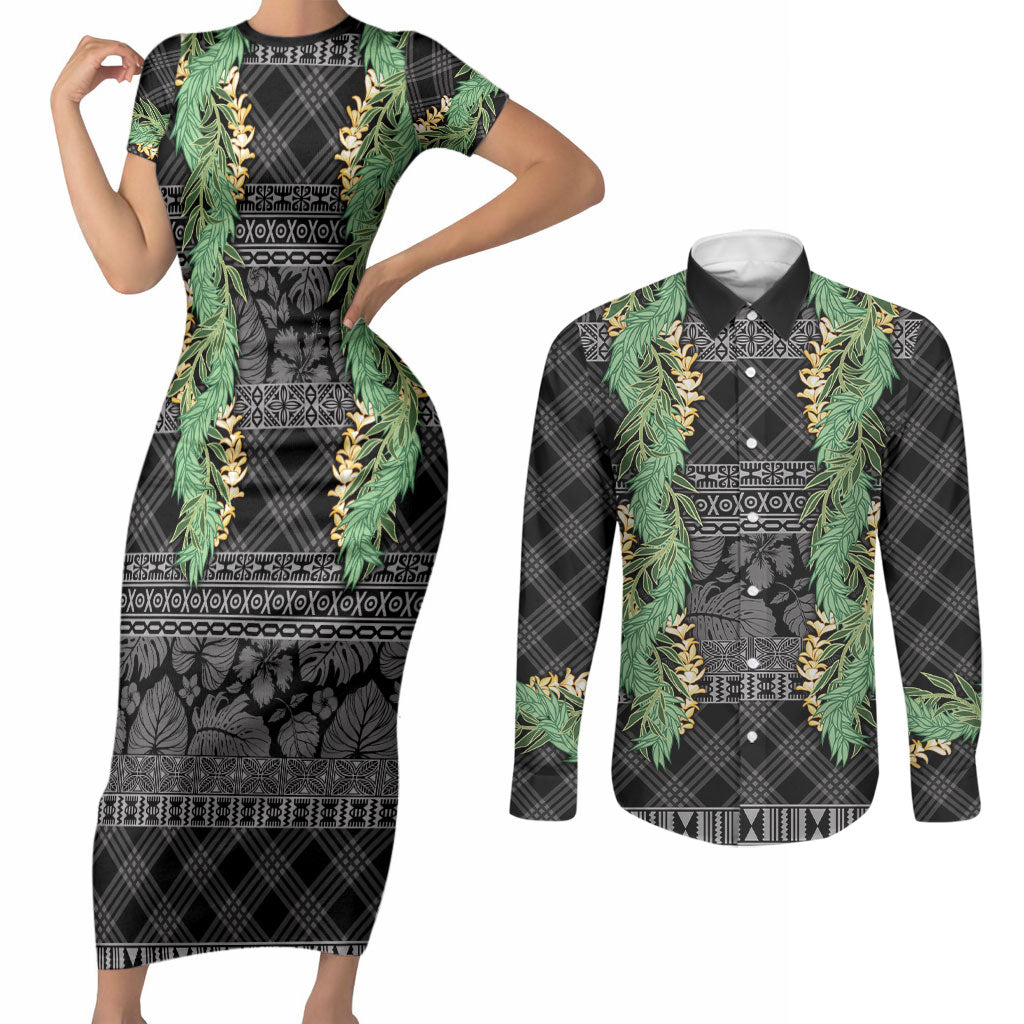 Hawai'i Paniolo Maile Twisted Lei Couples Matching Short Sleeve Bodycon Dress and Long Sleeve Button Shirt Obsidian Black LT7 Black - Polynesian Pride