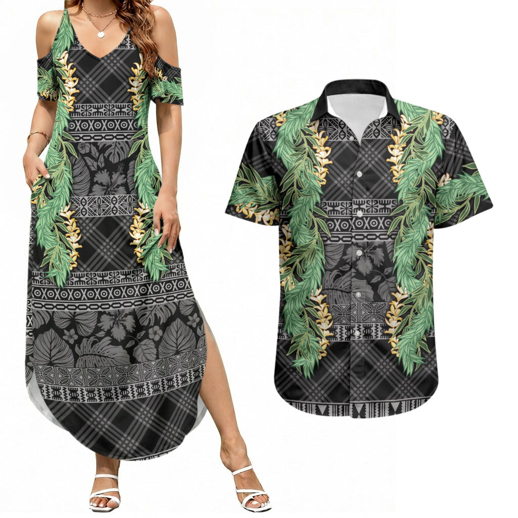 Hawai'i Paniolo Maile Twisted Lei Couples Matching Summer Maxi Dress and Hawaiian Shirt Obsidian Black