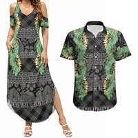 Hawai'i Paniolo Maile Twisted Lei Couples Matching Summer Maxi Dress and Hawaiian Shirt Obsidian Black